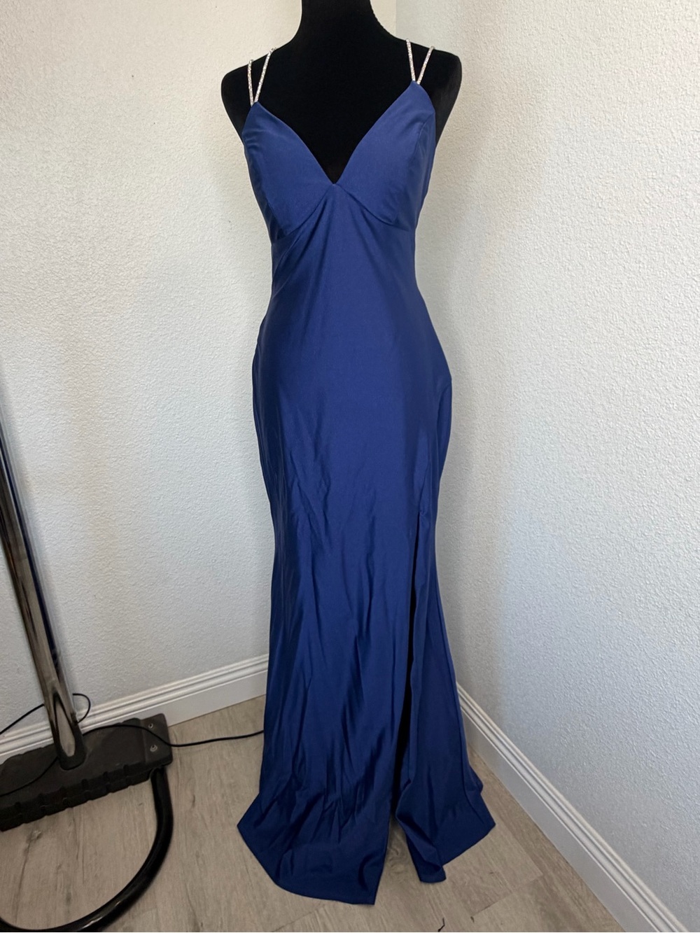 Crystal Doll Royal Blue Satin Slip Gown with Delicate Straps
